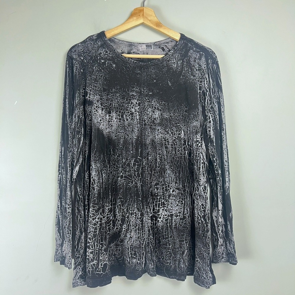 Annie Turbin Womens XL Black White Crackle Print Long Sleeve Tunic Top Lagenlook